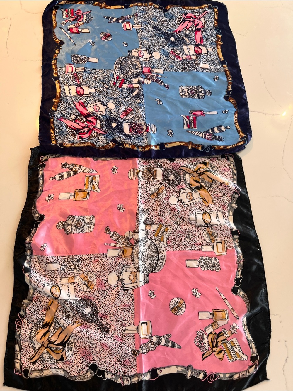 Silky Cosmetic Print Square Scarf - Pink & Blue